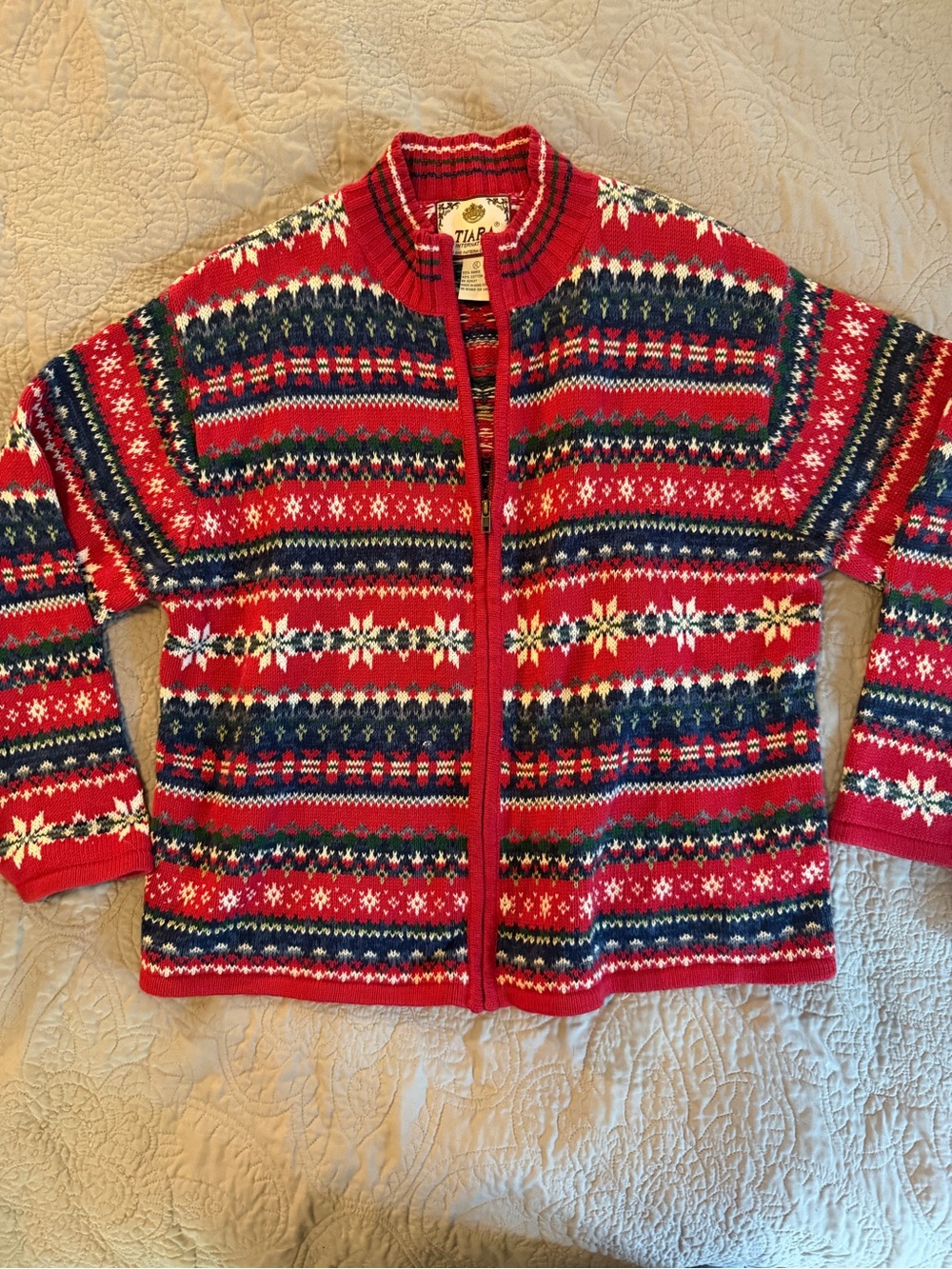 Tiara International Red Fair Isle Zip-Front Sweater Jacket